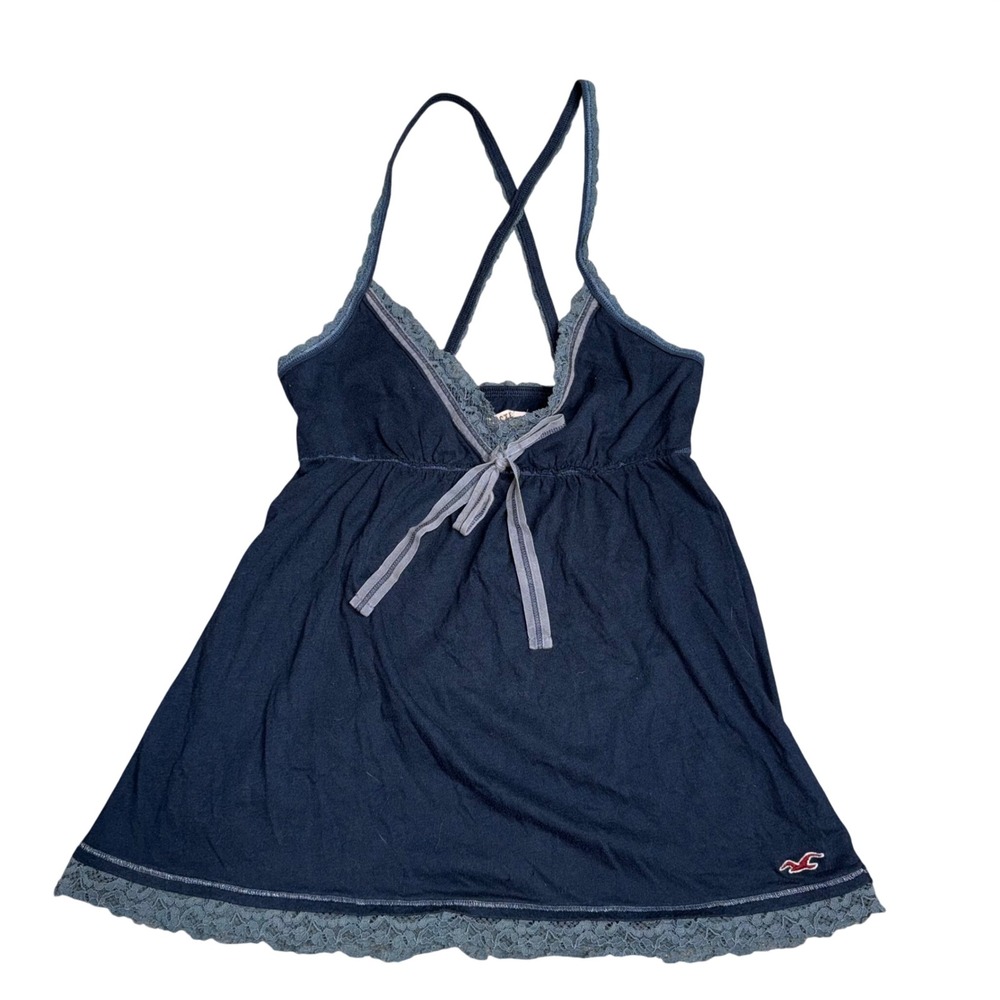 Hollister Babydoll Cami Women Medium Navy Blue Good Lace Trim Y2K Empire Waist